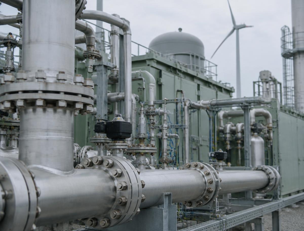 Clean energy plant piping and a wind turbine under overcast light