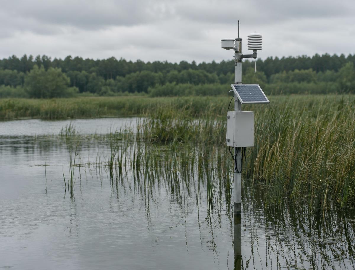 Environmental monitoring station standing in a wetland