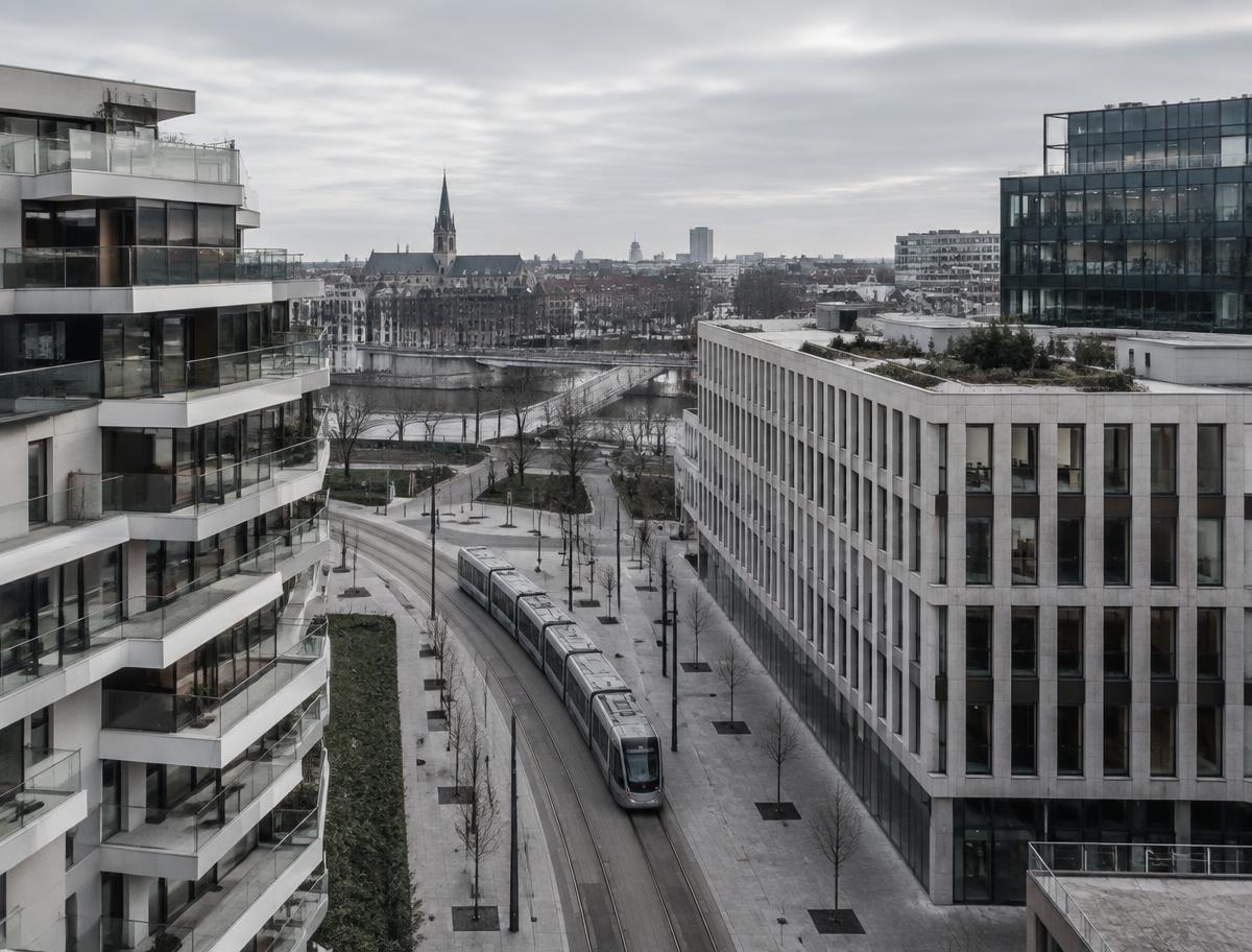 European city district with a tram line seen from above